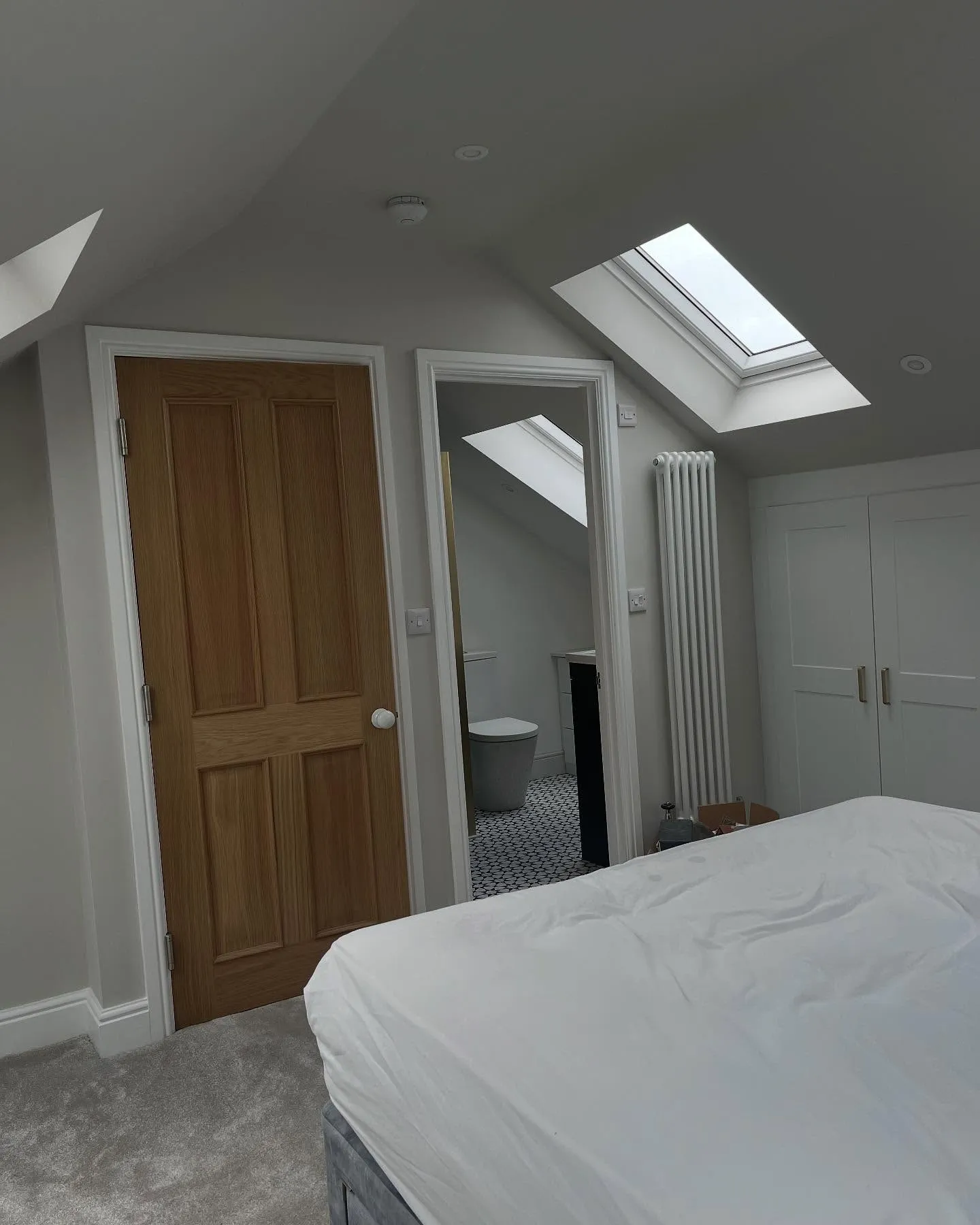 A bedroom with a bed and a skylight.
